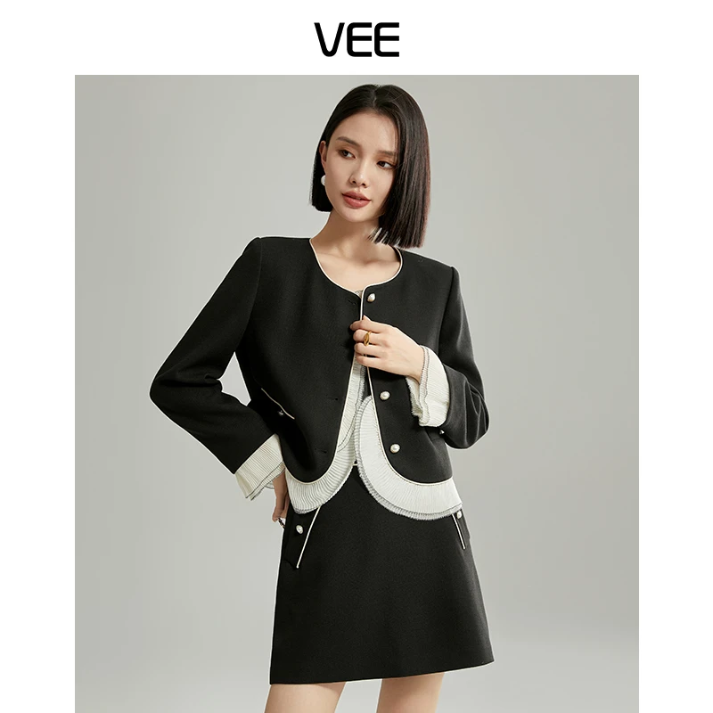 【短视频】VEE【千金套装】新款圆领荷叶边小香风套装短外套+短半裙