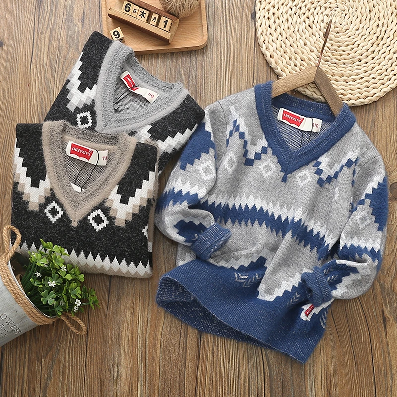 秋冬季菱形格中大童v领纯棉毛衣   023