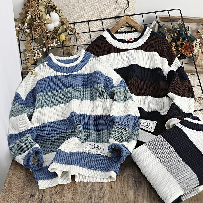 秋冬季儿童立纹横条中大童假两件毛衣   186