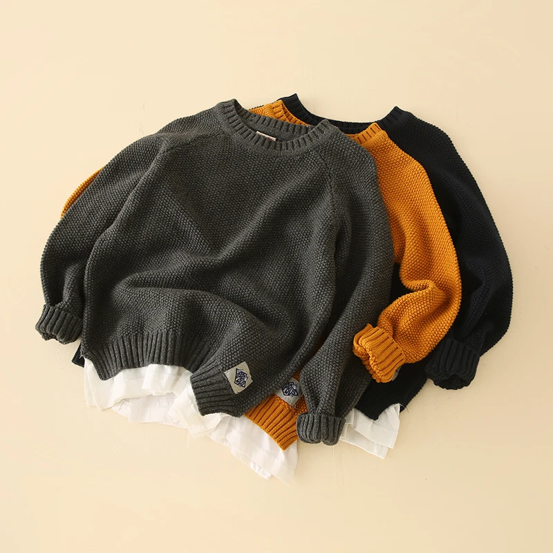 儿童春秋季纯色拼接假两件中大童休闲圆领毛线衣   T003