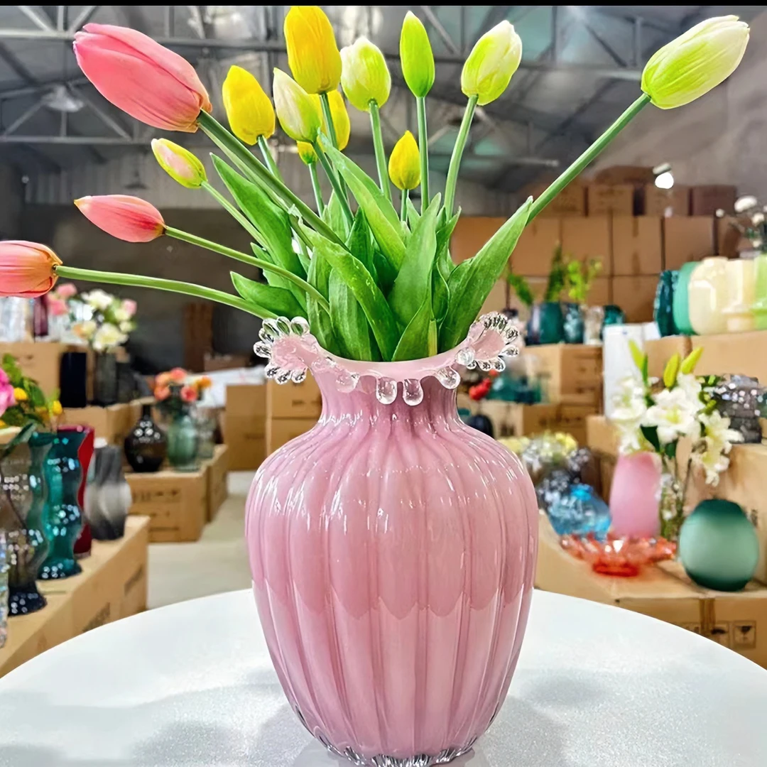 中古简约波浪口琉璃花瓶网红款创意摆件客厅餐桌水养装饰鲜花花瓶