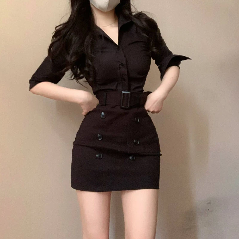 春夏新款纯欲韩女网红气质收腰衬衫纽扣设计高腰半身裙包臀裙套装