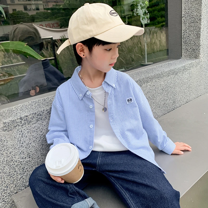 男童宝宝纯棉蓝条纹衬衫儿童春秋洋气衬衣中大童韩版休闲男童衬衫