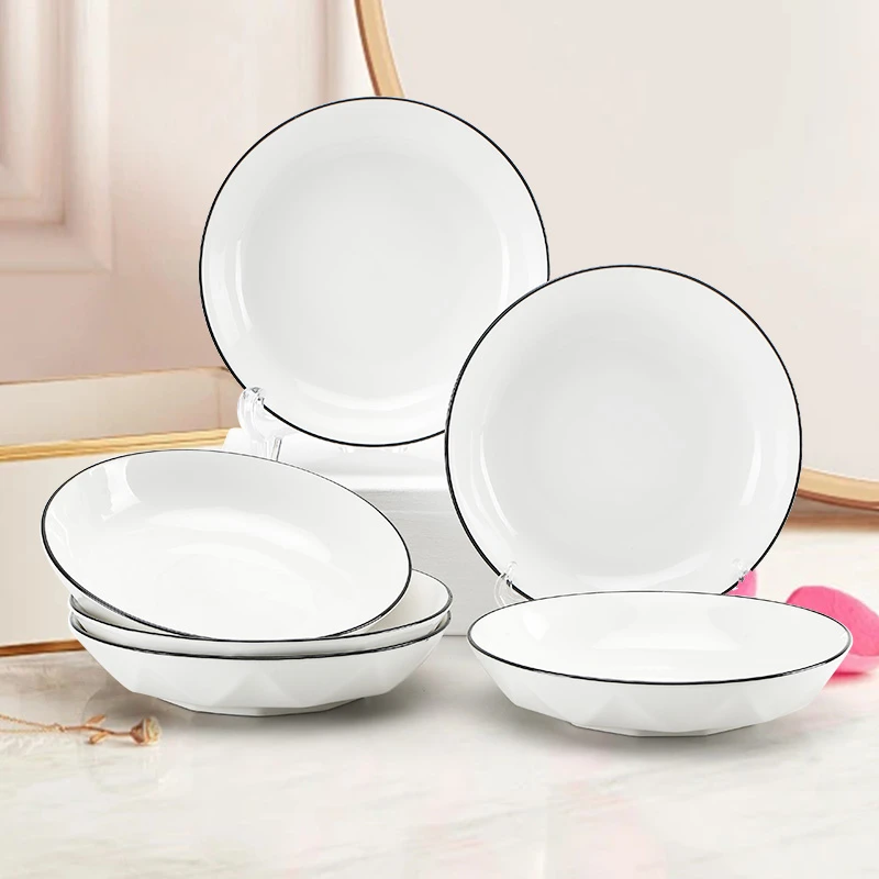 孟垣纯白黑线白钻6个装7英寸家用陶瓷釉下彩餐具饭盘个性餐盘