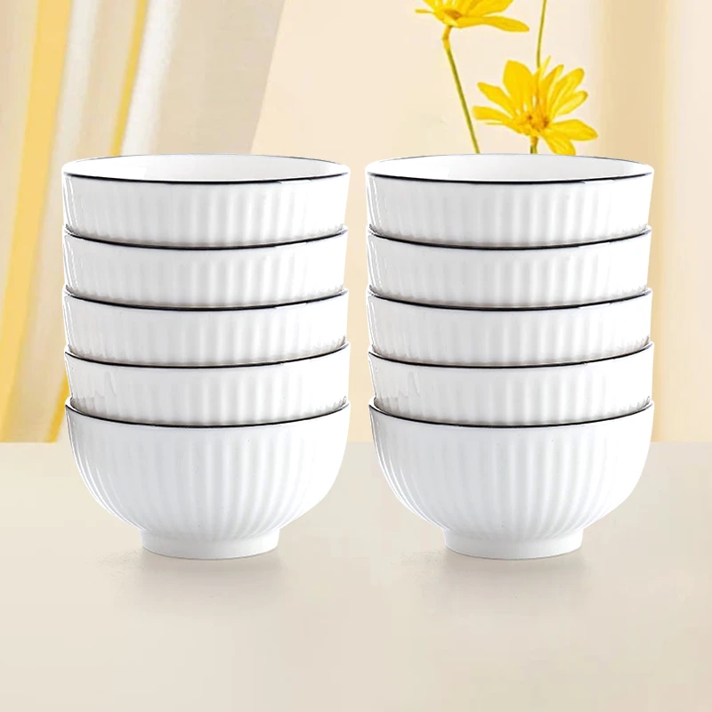 {釉下彩工艺}孟垣欧式竖纹白黑线10个装4.5英寸陶瓷米饭碗