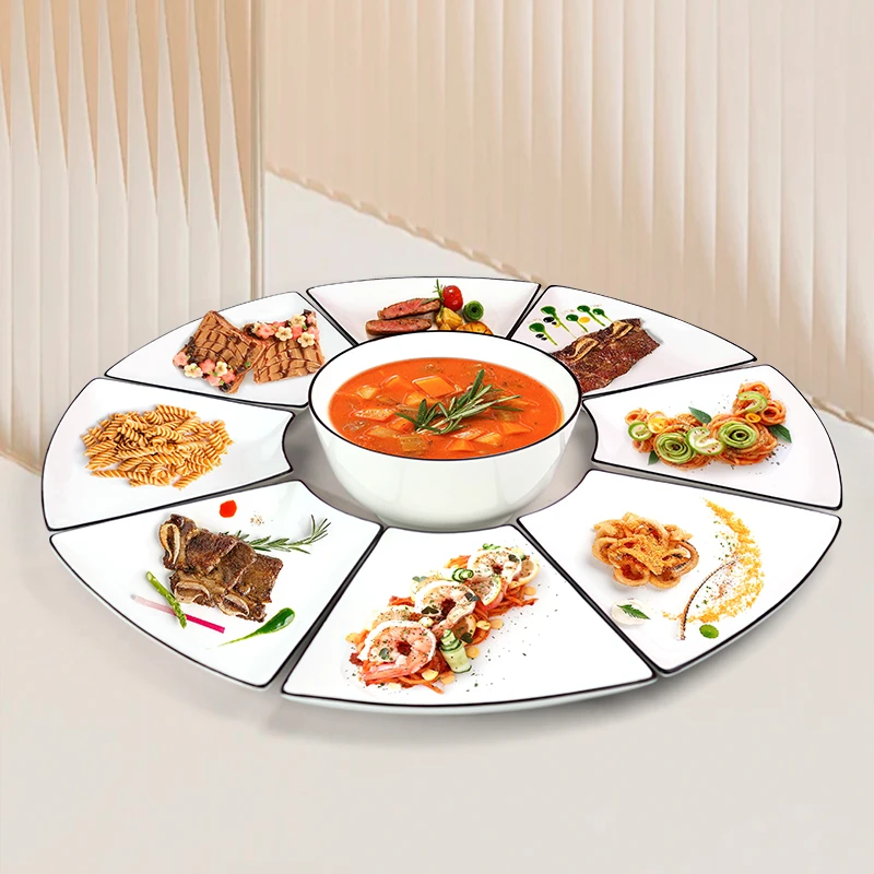 孟垣黑线扇形拼盘8＋1盘子套装家用创意釉下彩陶瓷餐具盘碟