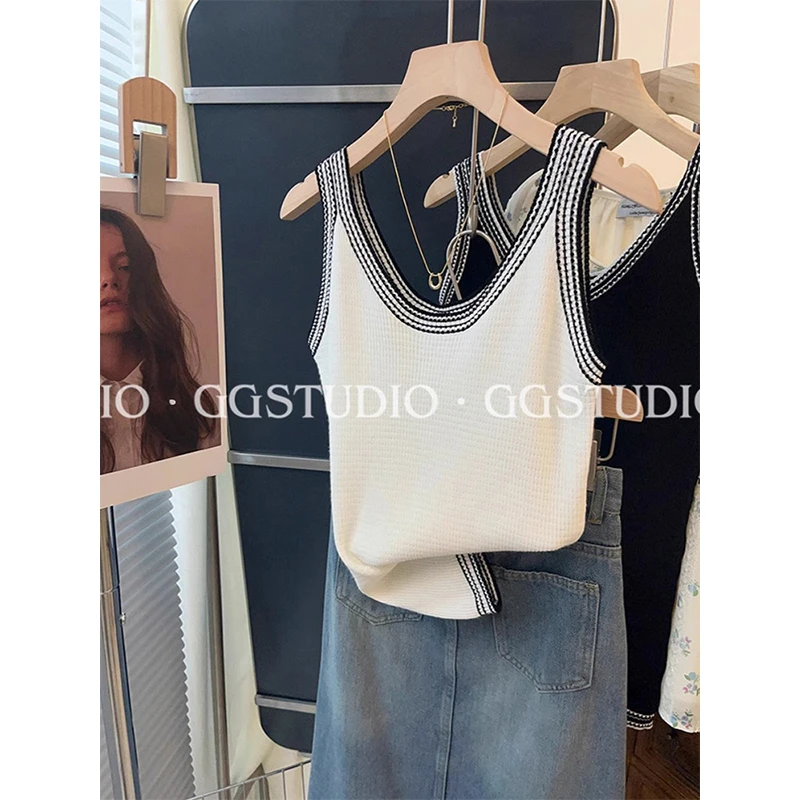 法式气质撞色内搭吊带背心女时尚小香风无袖外穿打底冰丝针织上衣