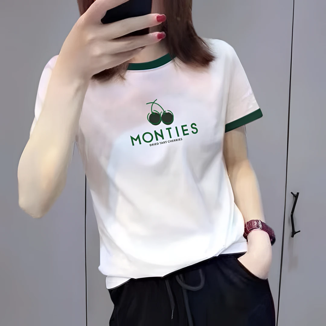 夏季新款正肩圆领T恤女短袖百搭宽松显瘦撞色半袖上衣女装体恤衫