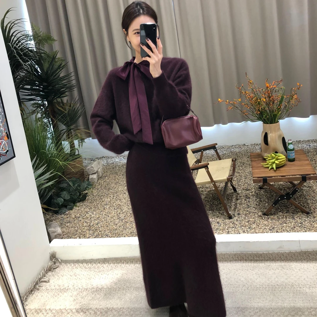 （套装）面料控BI入! 法式飘带领时尚绵羊毛长毛针织衫+显瘦长裙女