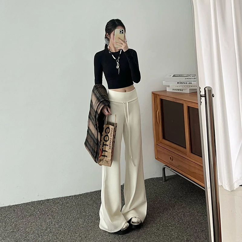 冬季新款加绒宽腰抽绳毛呢裤女宽松显瘦休闲裤垂感百搭直筒喇叭裤