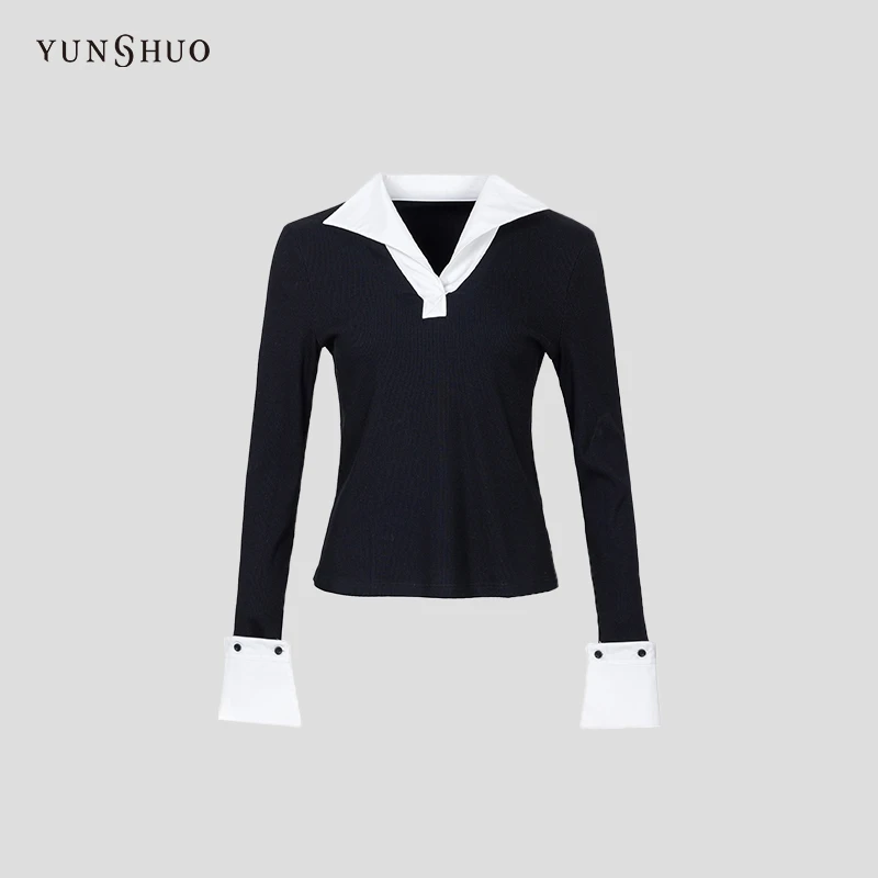 YUNSHUO 允硕新款V领紧身显瘦撞色可拆卸袖口打底纸片衫 349528