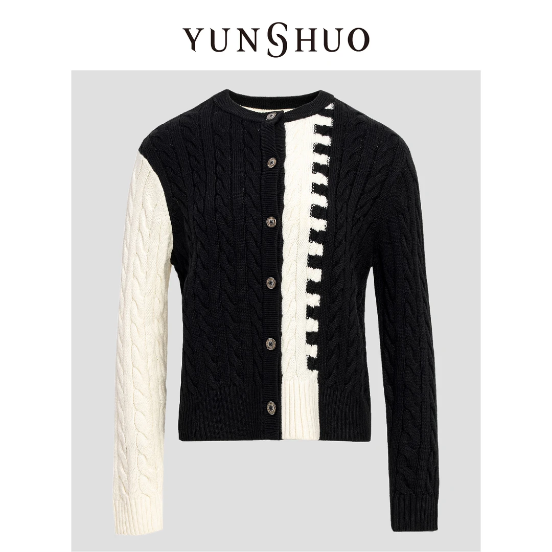 YUNSHUO允硕秋冬新品麻花拼色休闲百搭时尚圆领气质毛开衫729188