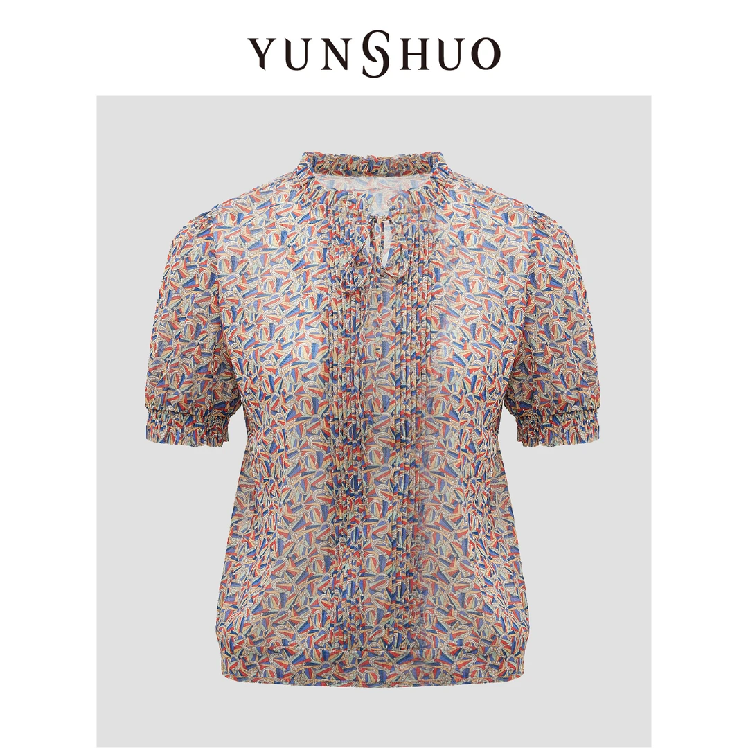 YUNSHUO 允硕 2024新品春夏时尚百搭气质碎花短袖T恤上衣  345122