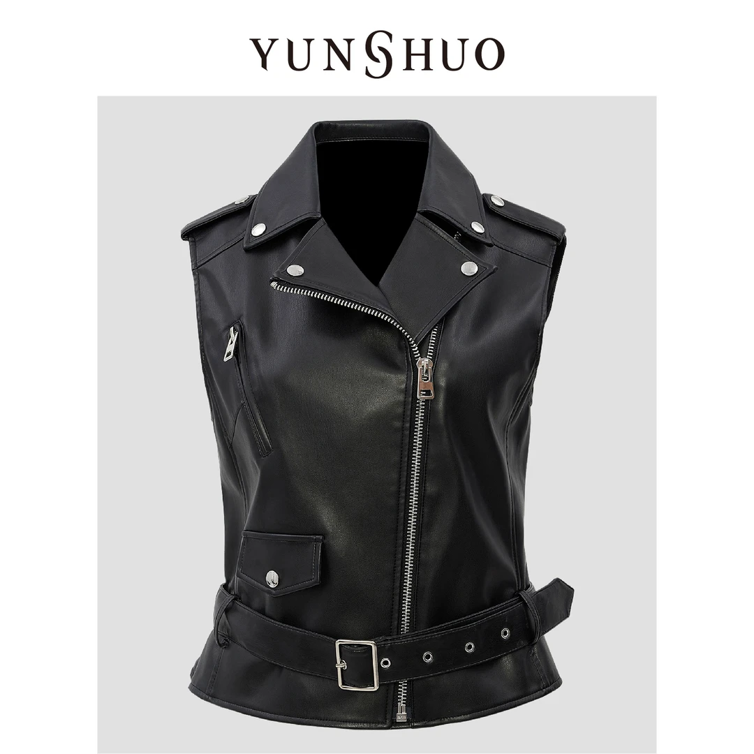 YUNSHUO允硕秋冬新品美式气质复古百搭拽酷pu皮马甲女外套625021