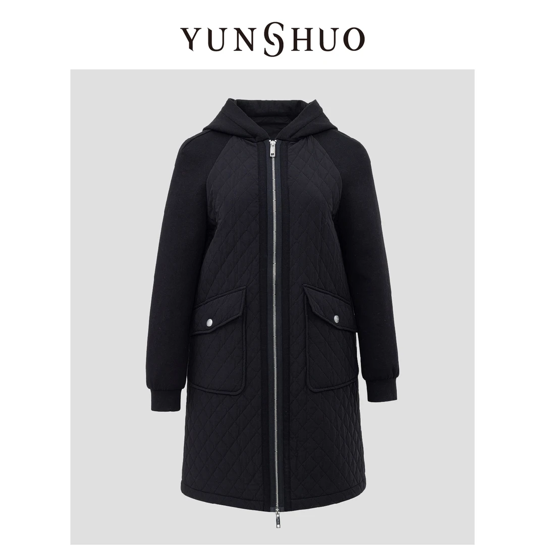 YUNSHUO允硕秋冬新款连帽轻盈保暖针织拼接袖型中长款棉服826037