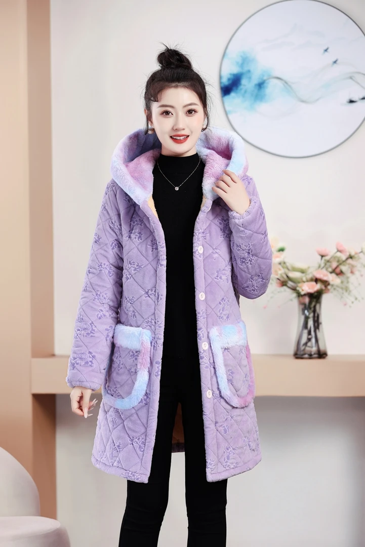 新款加绒加厚女士外穿棉衣棉服中长款保暖罩衣七彩连帽款居家服女