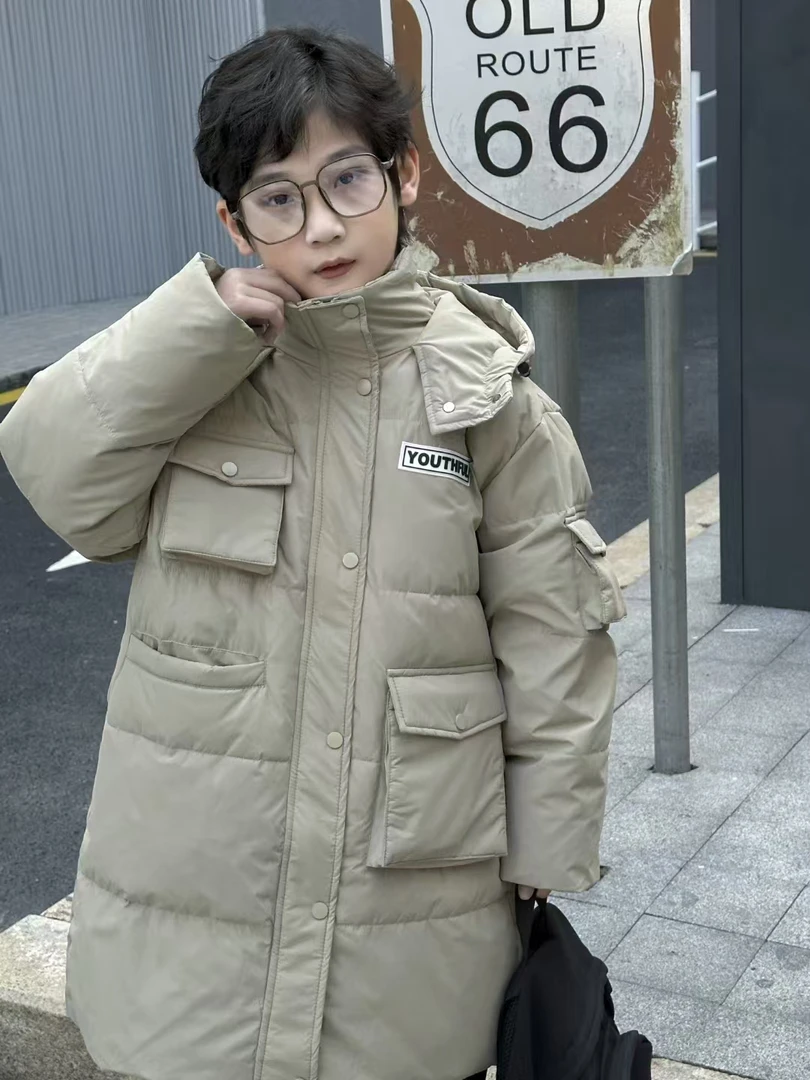 中大童时尚休闲长款立体口袋加厚保暖冬季羽绒服360