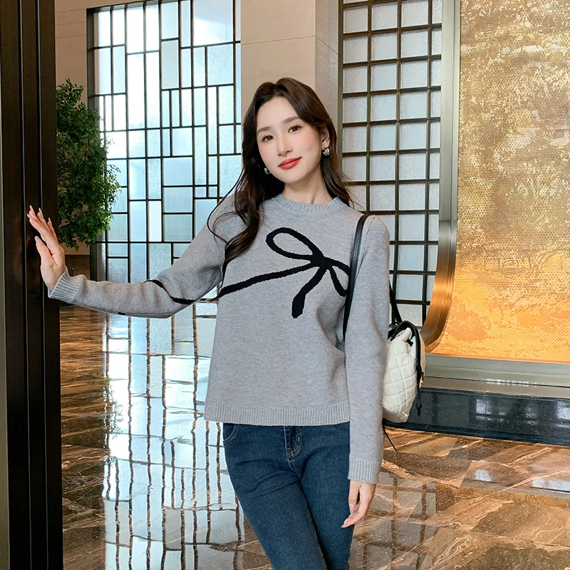 奢姿2024年秋季新款大码女装蝴蝶结休闲上衣胖妹妹减龄圆领针织衫