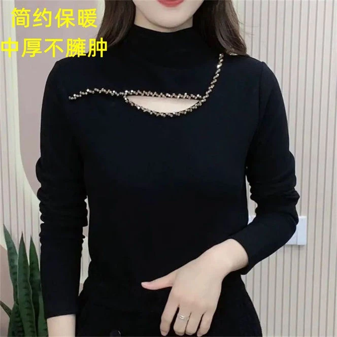 年货新款黑色季双面德绒显瘦洋气打底衫半高领加绒恤烫钻小