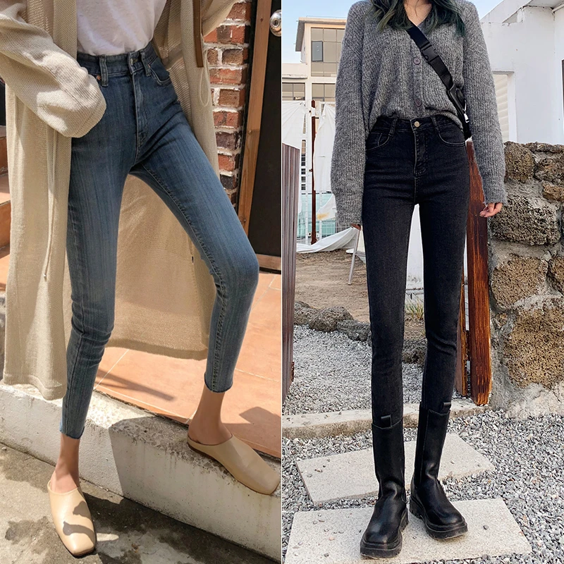 高腰牛仔裤女2023新款秋冬新塘修身显瘦紧身加绒铅笔九分小脚裤子