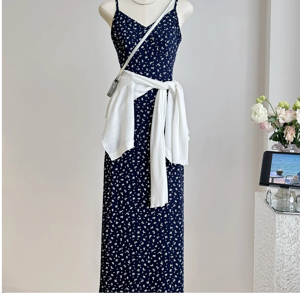 甜美碎花吊带裙套装女春夏气质v领收腰显瘦连衣裙提花开衫两件套