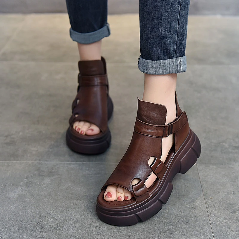 夏季新款复古软底凉鞋女松糕底百搭时尚凉靴女