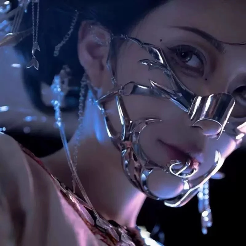 4赛博朋克金属面具机械感cos面罩拍照道具下巴半脸面饰女潮酷唇环