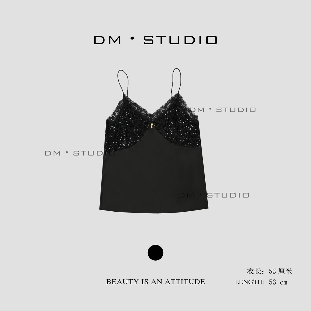 DM•STUDIO/纯色极简设计亮片蕾丝吊带背心（55952）