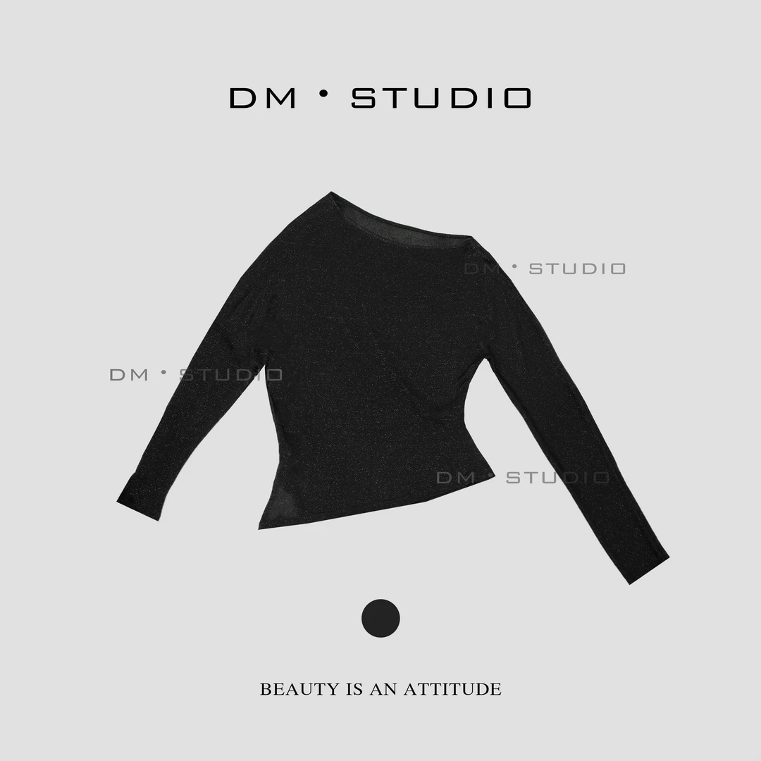 DM•STUDIO/气质设计师款斜肩闪闪长袖T恤上衣（S82179RP）
