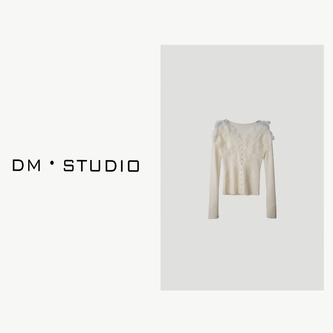 DEDM-DM•STUDIO/100%羊毛轻奢设计感V领拼接蕾丝针织衫（29076）