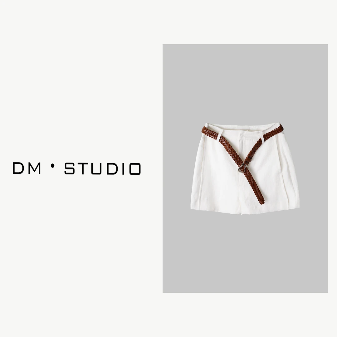 -DM•STUDIO/夏季编织腰带A字显瘦纯色极简100%亚麻短裤（927）