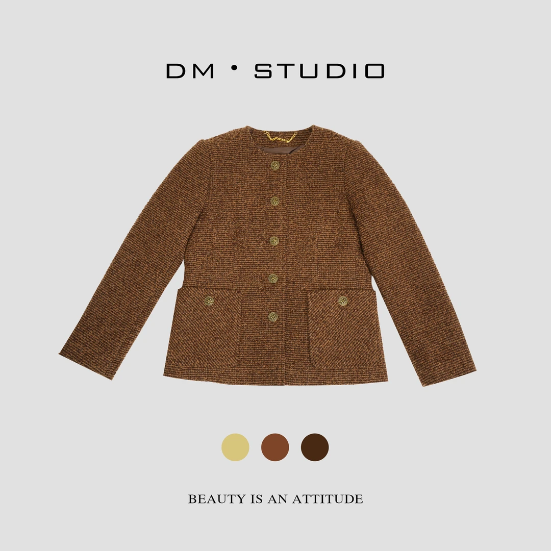 DM•STUDIO/秋冬轻奢复古咖色编织感90鸭绒小香外套(2627)