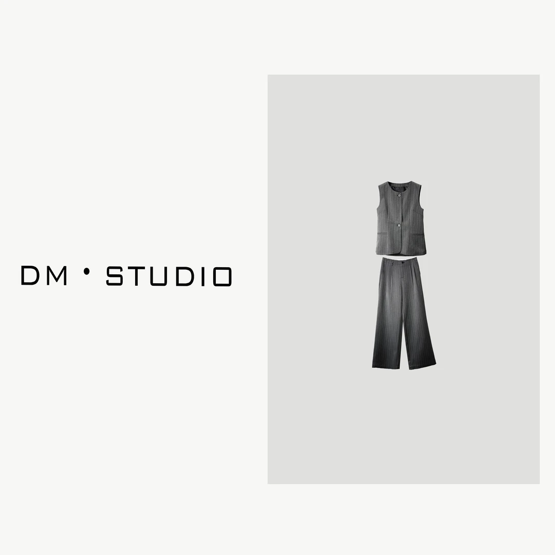 -DM•STUDIO/轻奢高级感条纹西装马甲+拖地长裤套装（70660）