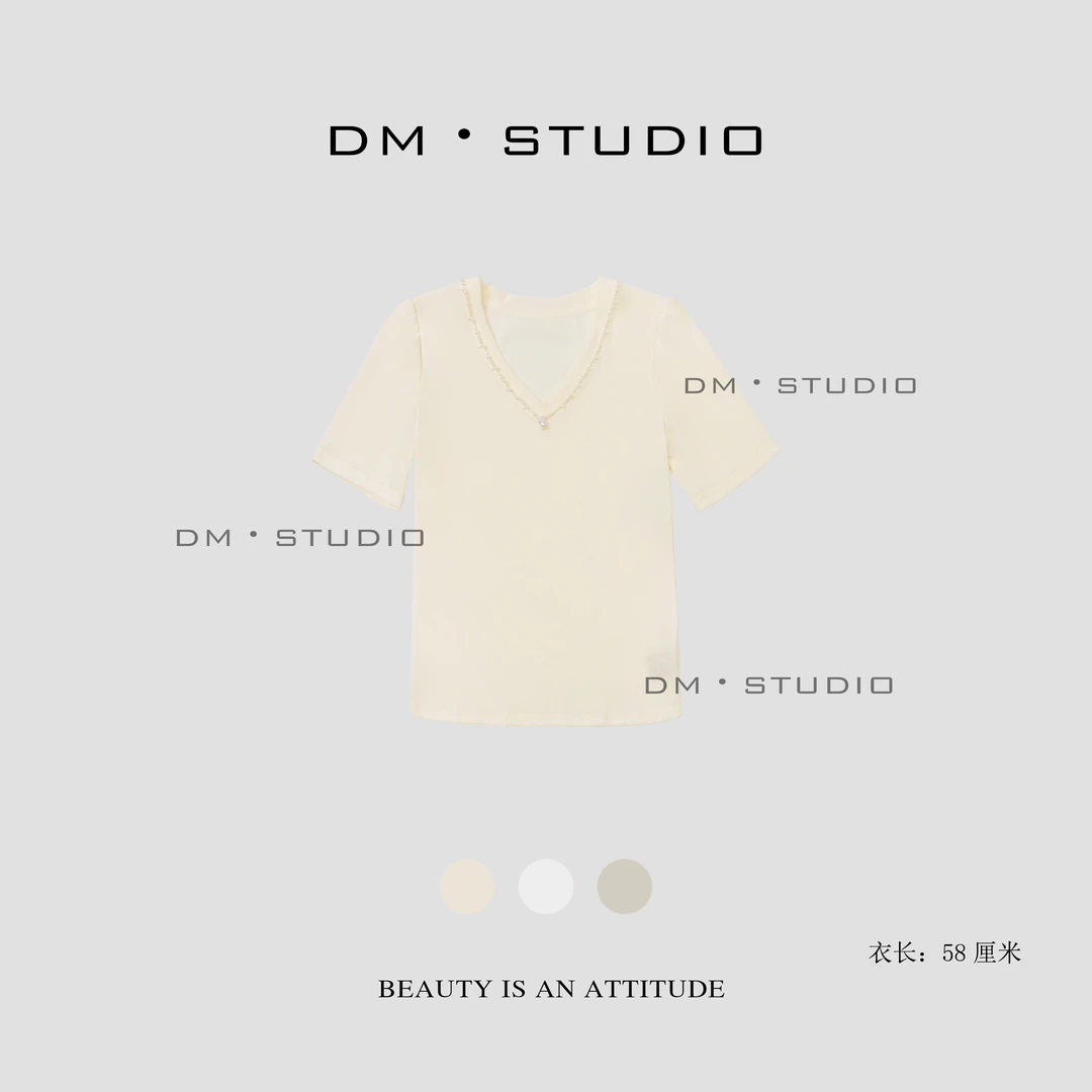 DM•STUDIO/气质纯色重工巴洛克珍珠V领短袖上衣（99037）