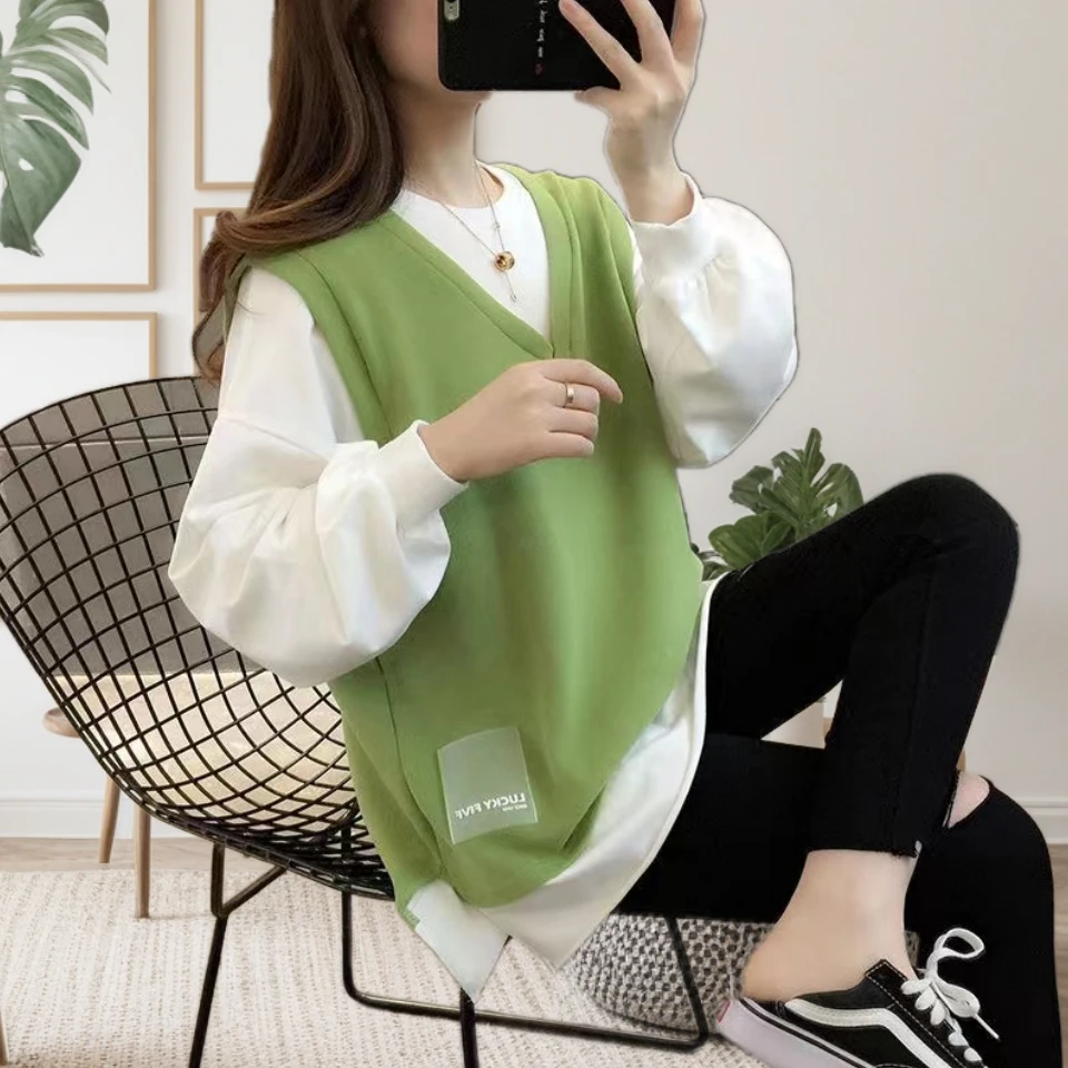 假两件卫衣女生春秋日系学院风女装时尚撞色慵懒拼接宽松圆领上衣