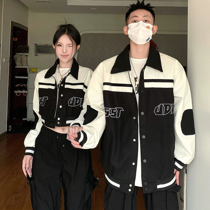 春秋季新品情侣装男女棒球服拼接PU皮短款外套休闲裤子