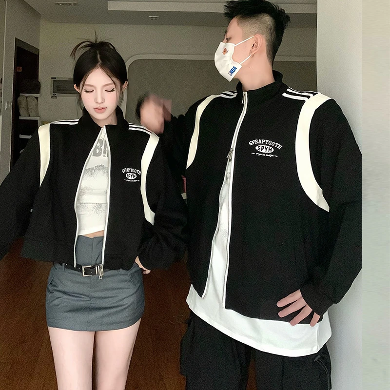 春秋季新品青少年潮牌拼接PU皮外套情侣装双头拉链绣花外套韩版