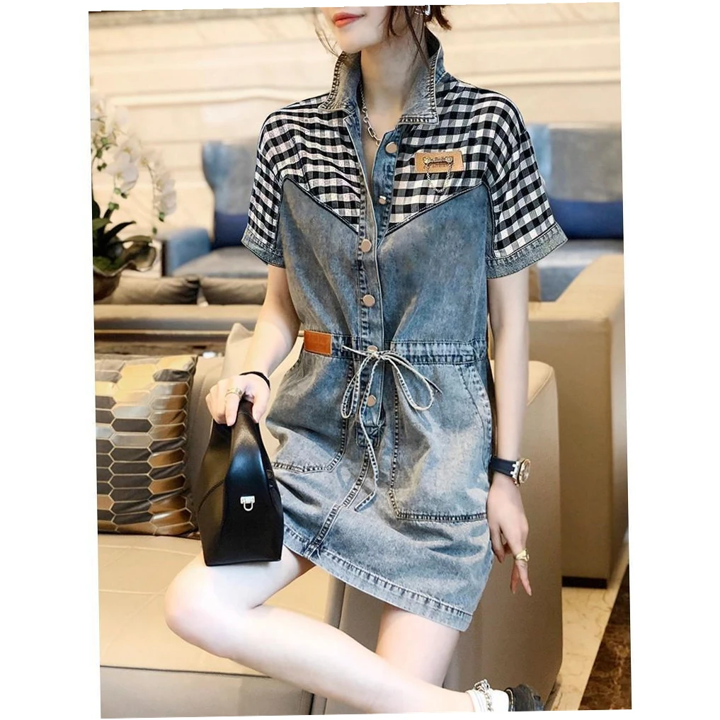 收腰显瘦牛仔连衣裙中长裙女小个子短袖包臀裙2025夏季新款欧洲站