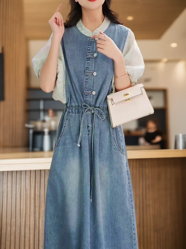 2025年新款减龄盘扣气质中长裙子牛仔拼接宽松收腰连衣裙女夏薄款