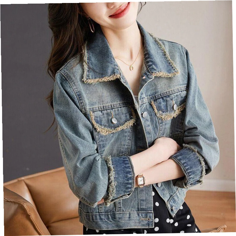 显瘦春秋2025新款宽松小个子洋气毛边上衣复古长袖短款牛仔外套