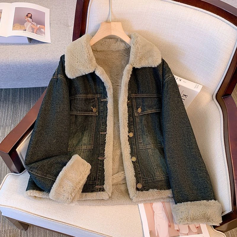0829冬款翻领复古牛仔外套女冬加绒新款小个子短款加厚保暖外套