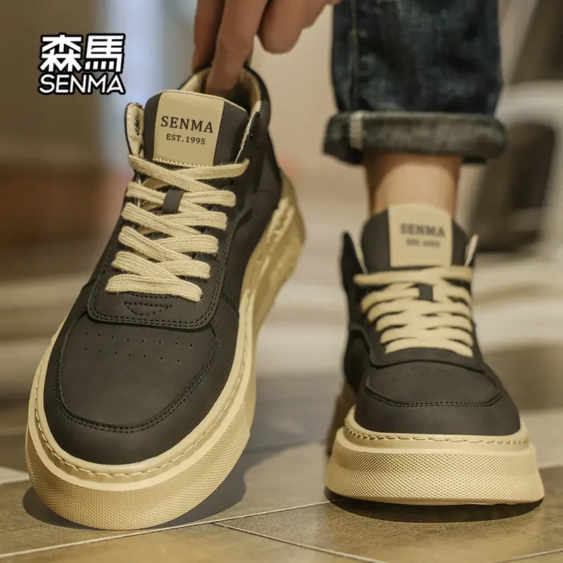 森马男鞋秋季新款复古高帮休闲板鞋皮面时尚百搭厚底增高马丁靴
