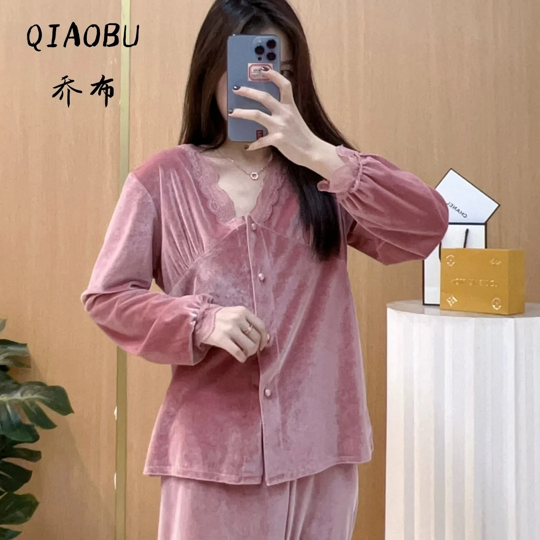 秋冬新款金丝绒睡衣女套装纯色蕾丝气质天鹅绒长袖可外穿家居服