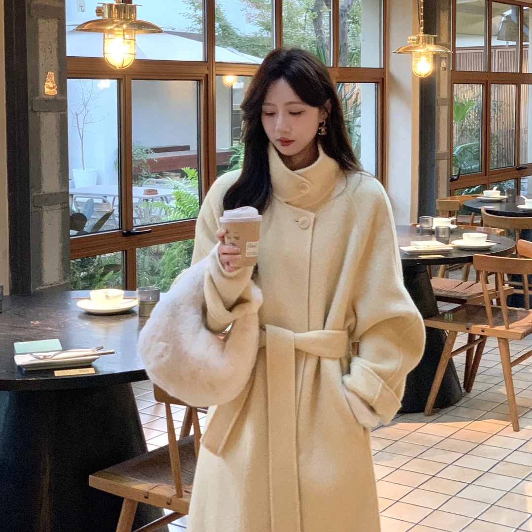 金蘑菇菇落叶和冬高定长款立领骆驼绒大衣保暖双面呢外套