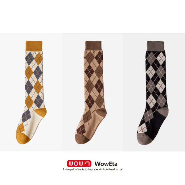 WowEta 舒适潮袜 精梳棉 苏格兰方块 小腿女袜 三双装