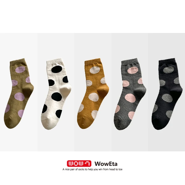 WowEta 舒适潮袜 棉袜 波波大圆点 五彩缤纷 中筒女袜 五双装