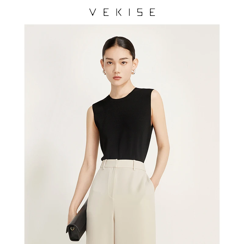 定制干爽冰丝白色无袖针织衫2023年秋季圆领修身百搭女士背心