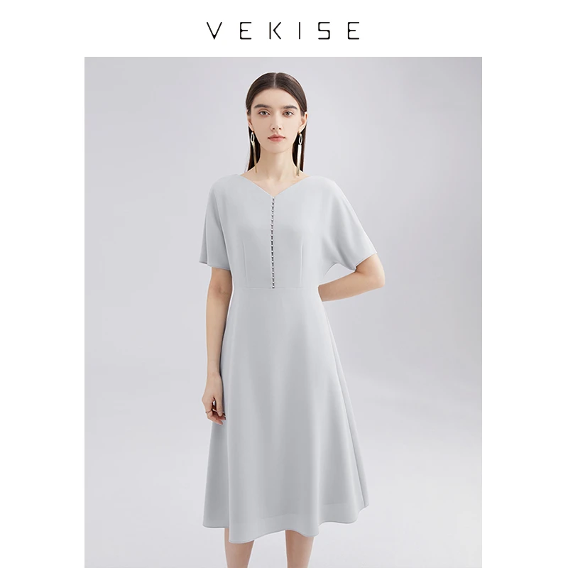 三醋酸混纺五分袖连衣裙2022年春夏新款v领蝙蝠袖优雅气质中长裙