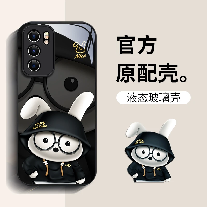 潮牌折耳兔【华为opporeno6/reno6pro/reno6pro+】镜面玻璃手机壳