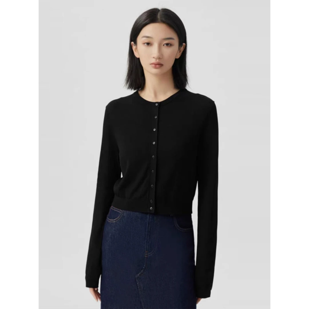 商场同款2024早秋新款轻薄圆领冰丝凉感开衫短款针织衫A400886